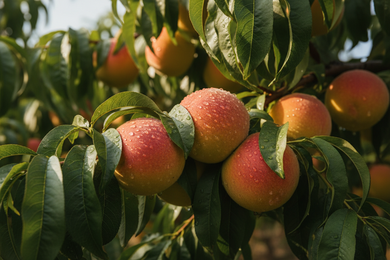 Caolín agrícola aplicado en melocotones para proteger la fruta del calor y el frío